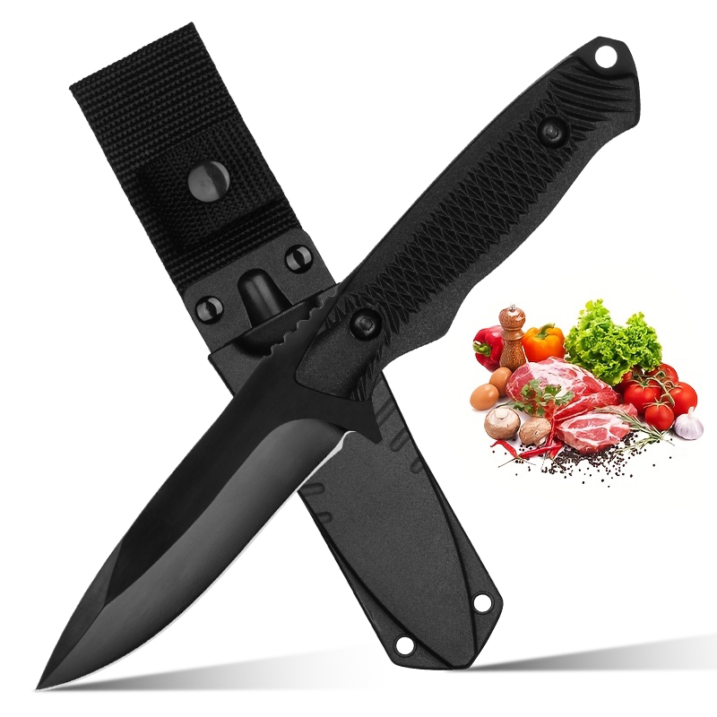 Bushcraft Knife Fixed - มีดใบตายสีดำ 1 ชิ้น, ใบมีดสแตนเลสความแข็งสูง, ด้ามจับมีพื้นผิว, ปลอกไนลอน,